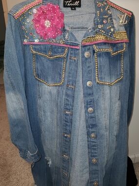 Custom  Denim Jacket with Pink Flower and Gold Stud Trim